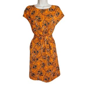 NEM Blue Geometric Circle Chain Print Orange Shift Dress w Belt 8 (Medium)